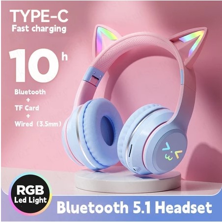Wireless Hifi Music Headset Cat Ear Headphones Bluetooth Gaming Headsets with Mic RGB Led Light for Phone