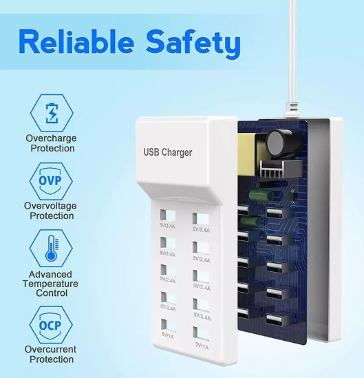 10-Port USB Wall Charger Station with Rapid Charging Auto Detect Technology Safety Guaranteed